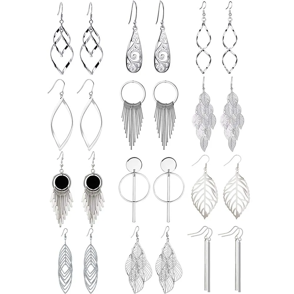 Brass 12 Pairs Drop Dangle Earrings boho Fashion Jewelry Vintage Statement Boho Bohemian Earrings Set for Women Girls