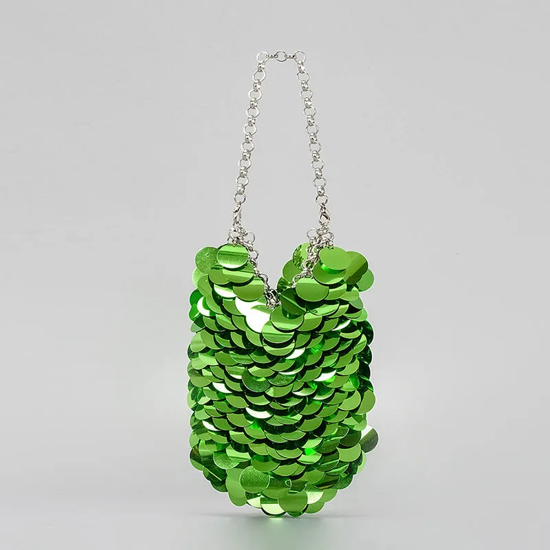Green Retro Sparkling Sequined High-End Chain Evening Clutch Bag