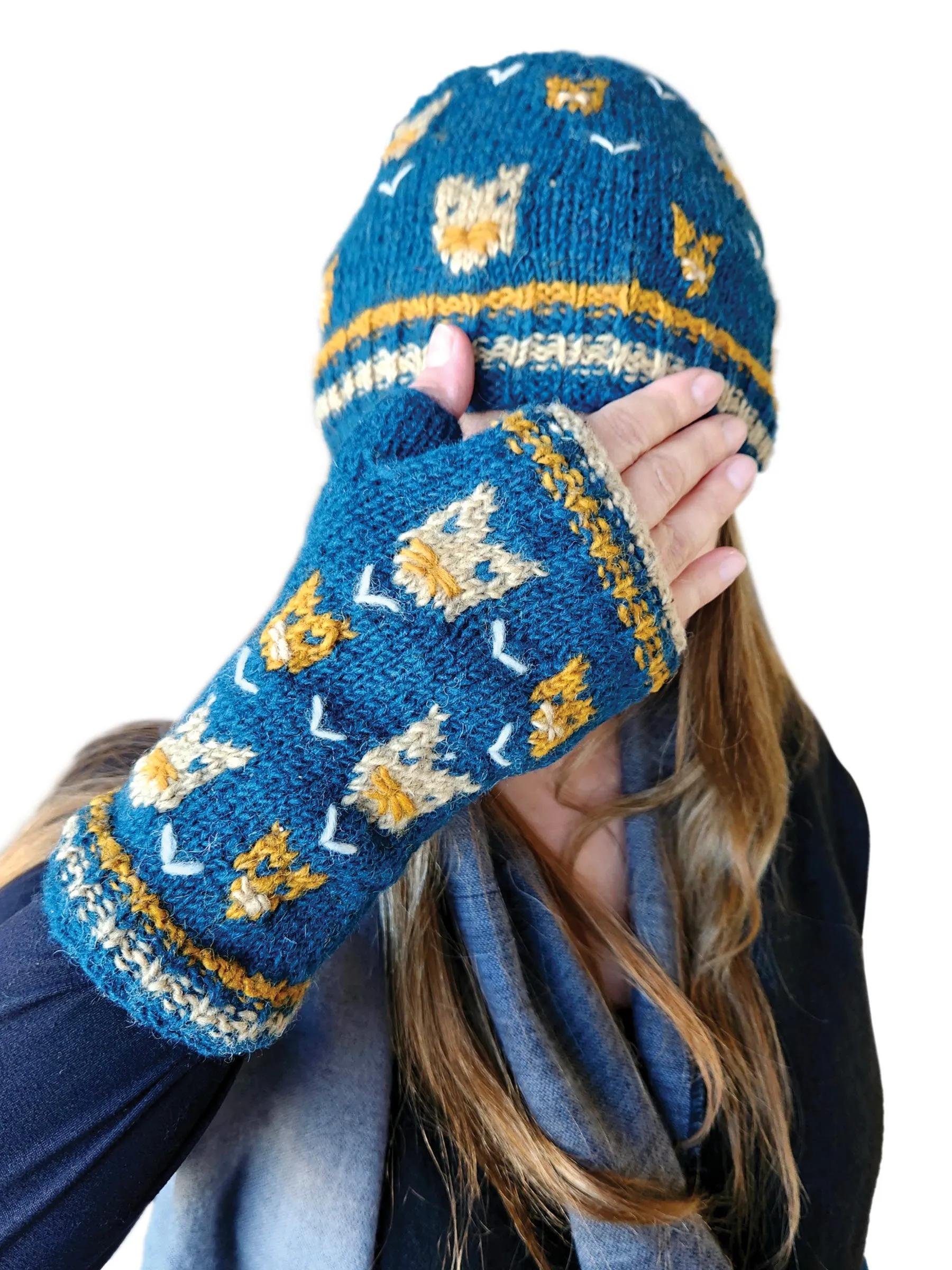 Handmade Knit Fingerless Gloves Cat