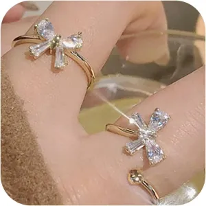 HUASAI Gold Bow Ring Set for Women Trendy Ribbon Bow Knot Rings Cute Pearl Ring Silver Stackable Rings Adjustable Open Knuckle Rings Dainty Jewelry Gifts