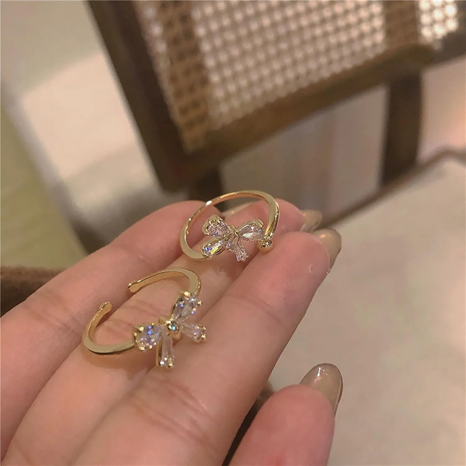 HUASAI Gold Bow Ring Set for Women Trendy Ribbon Bow Knot Rings Cute Pearl Ring Silver Stackable Rings Adjustable Open Knuckle Rings Dainty Jewelry Gifts