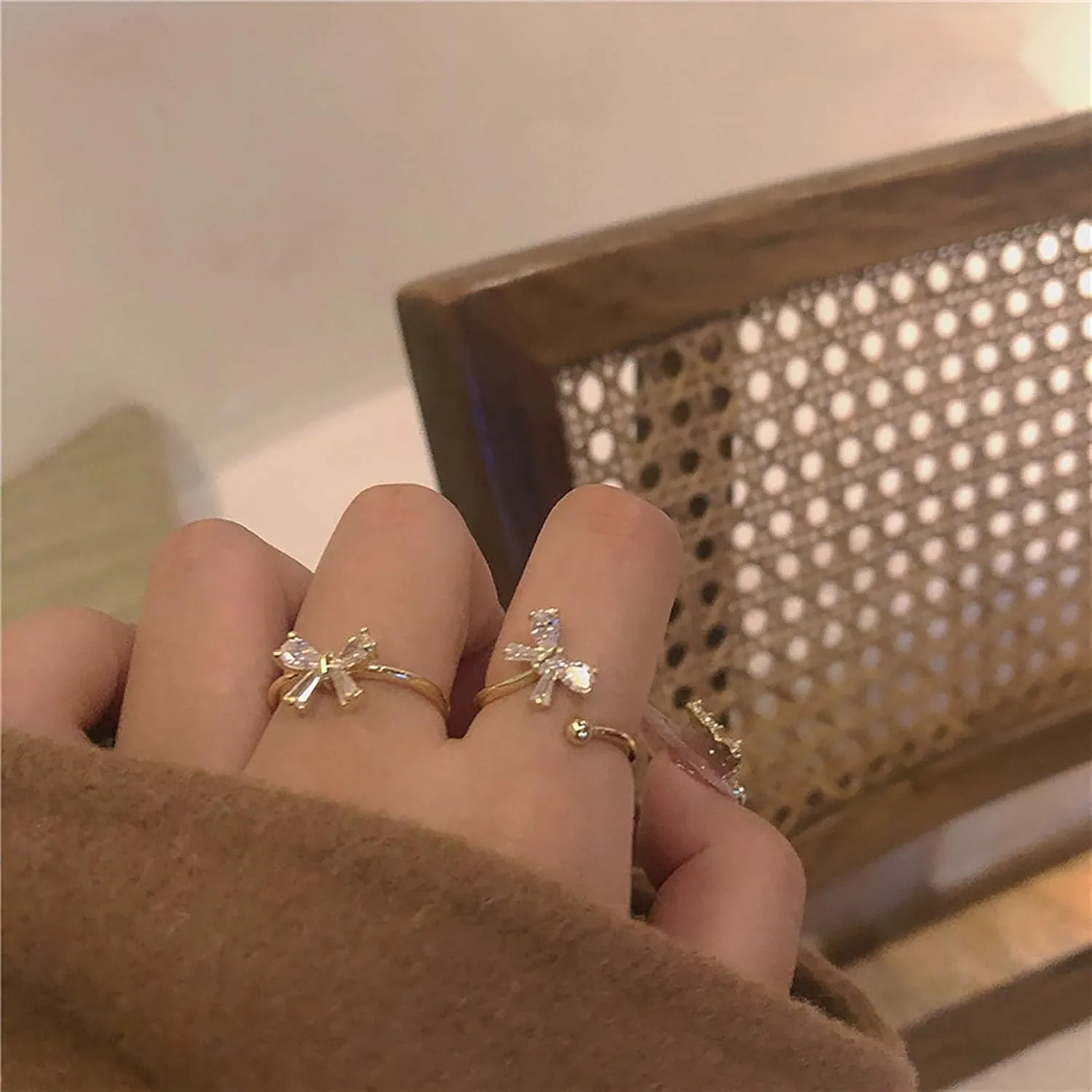 HUASAI Gold Bow Ring Set for Women Trendy Ribbon Bow Knot Rings Cute Pearl Ring Silver Stackable Rings Adjustable Open Knuckle Rings Dainty Jewelry Gifts
