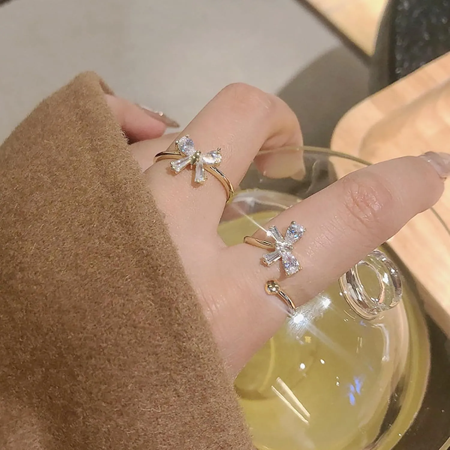 HUASAI Gold Bow Ring Set for Women Trendy Ribbon Bow Knot Rings Cute Pearl Ring Silver Stackable Rings Adjustable Open Knuckle Rings Dainty Jewelry Gifts