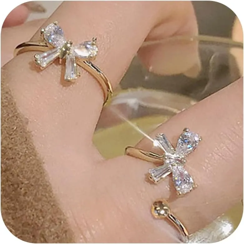 HUASAI Gold Bow Ring Set for Women Trendy Ribbon Bow Knot Rings Cute Pearl Ring Silver Stackable Rings Adjustable Open Knuckle Rings Dainty Jewelry Gifts