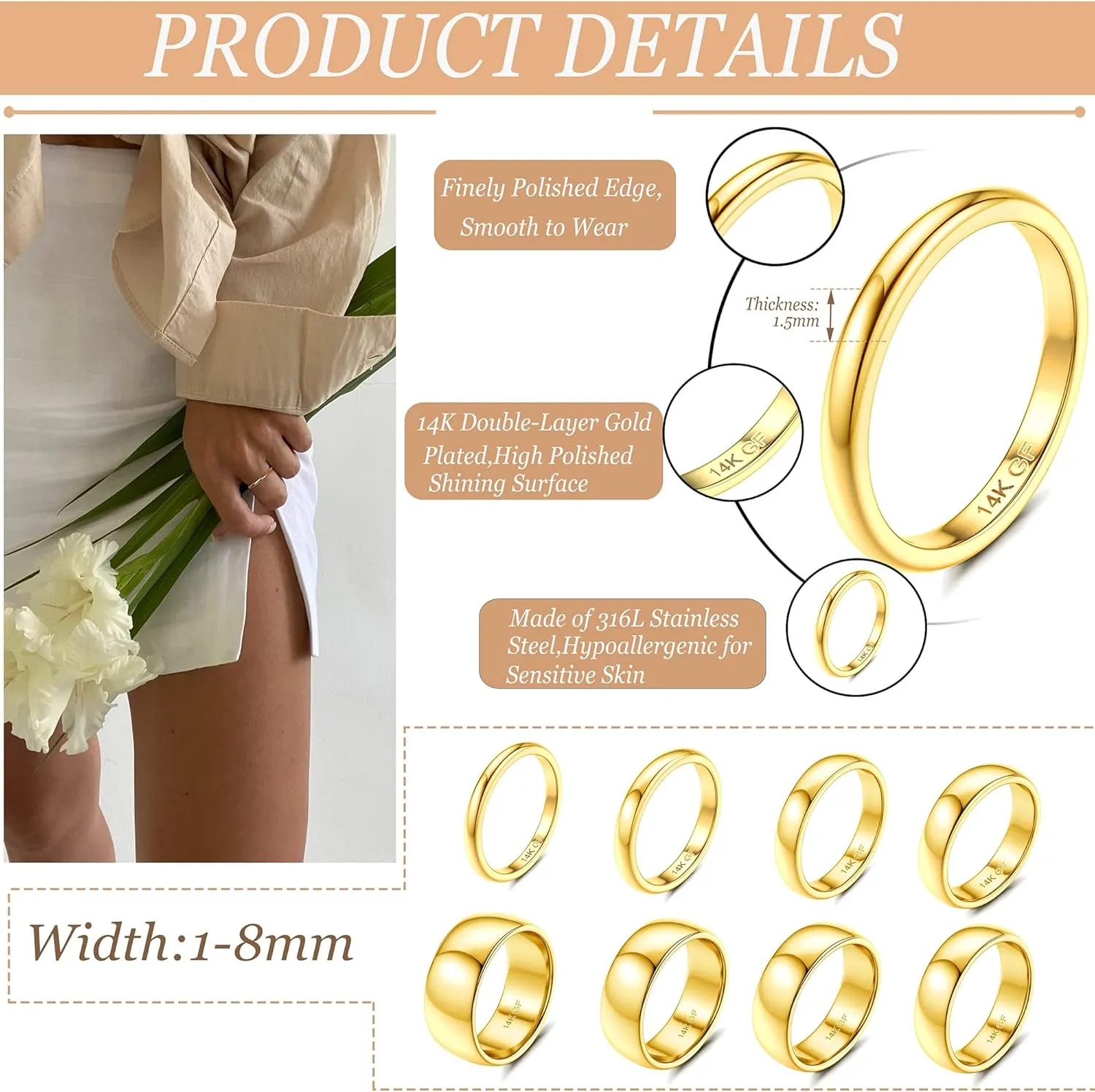 LOYALLOOK 8Pcs Gold Rings Stainless Steel Stacking Rings for Women Statement Bands Plain Finger Ring Thumb Pointer Ring Stackable Thin Gold Ring Set Comfort Fit Size 5 to 10
