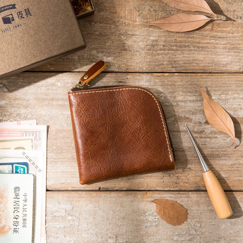 Original Hand-made Leather Short Zipper Wallet