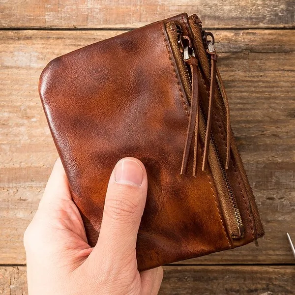 Retro Leather Handmade Zipper Card Holder Small Wallets