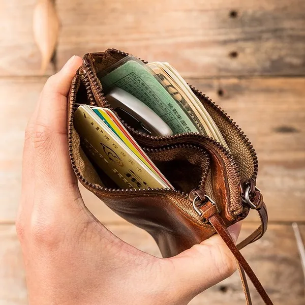 Retro Leather Handmade Zipper Card Holder Small Wallets
