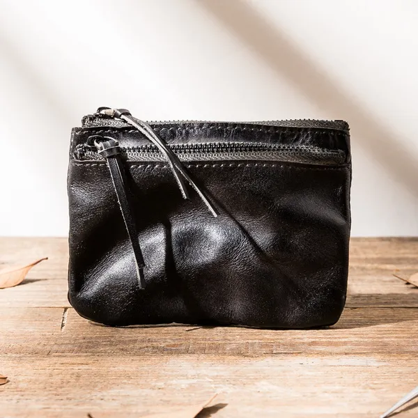 Retro Leather Handmade Zipper Card Holder Small Wallets