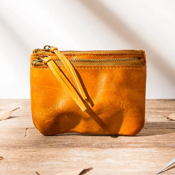 Retro Leather Handmade Zipper Card Holder Small Wallets