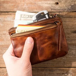 Retro Leather Handmade Zipper Card Holder Small Wallets