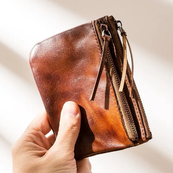 Retro Leather Handmade Zipper Card Holder Small Wallets