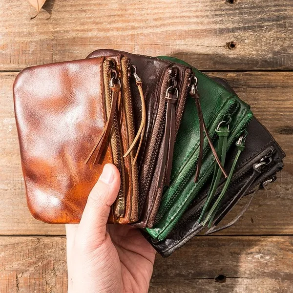 Retro Leather Handmade Zipper Card Holder Small Wallets