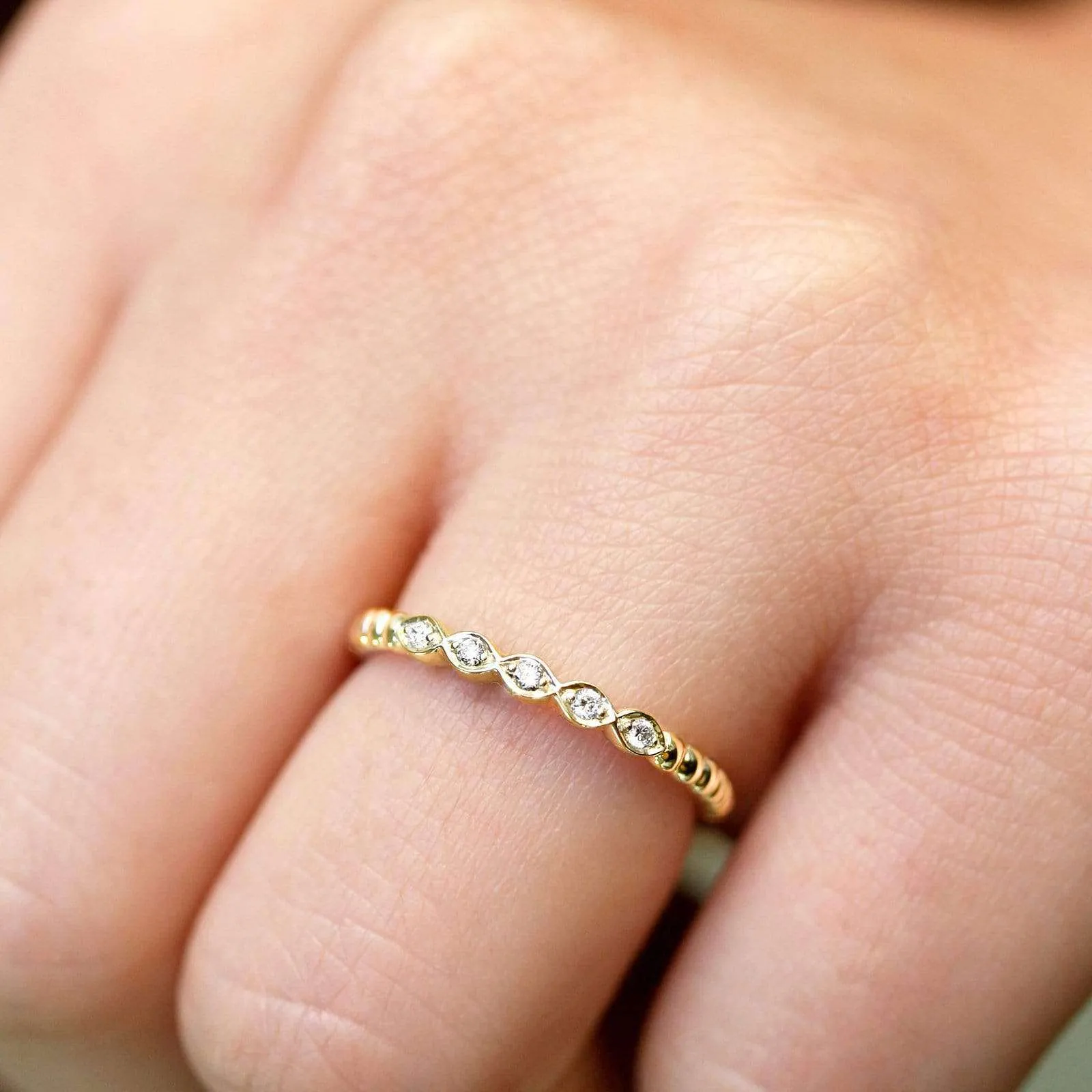 Ribbed Navette Line Diamond Ring, Yellow Gold