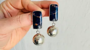 Sodalite and Silver Sphere Earrings. Handmade Designer Sterling Jewelry. 2709