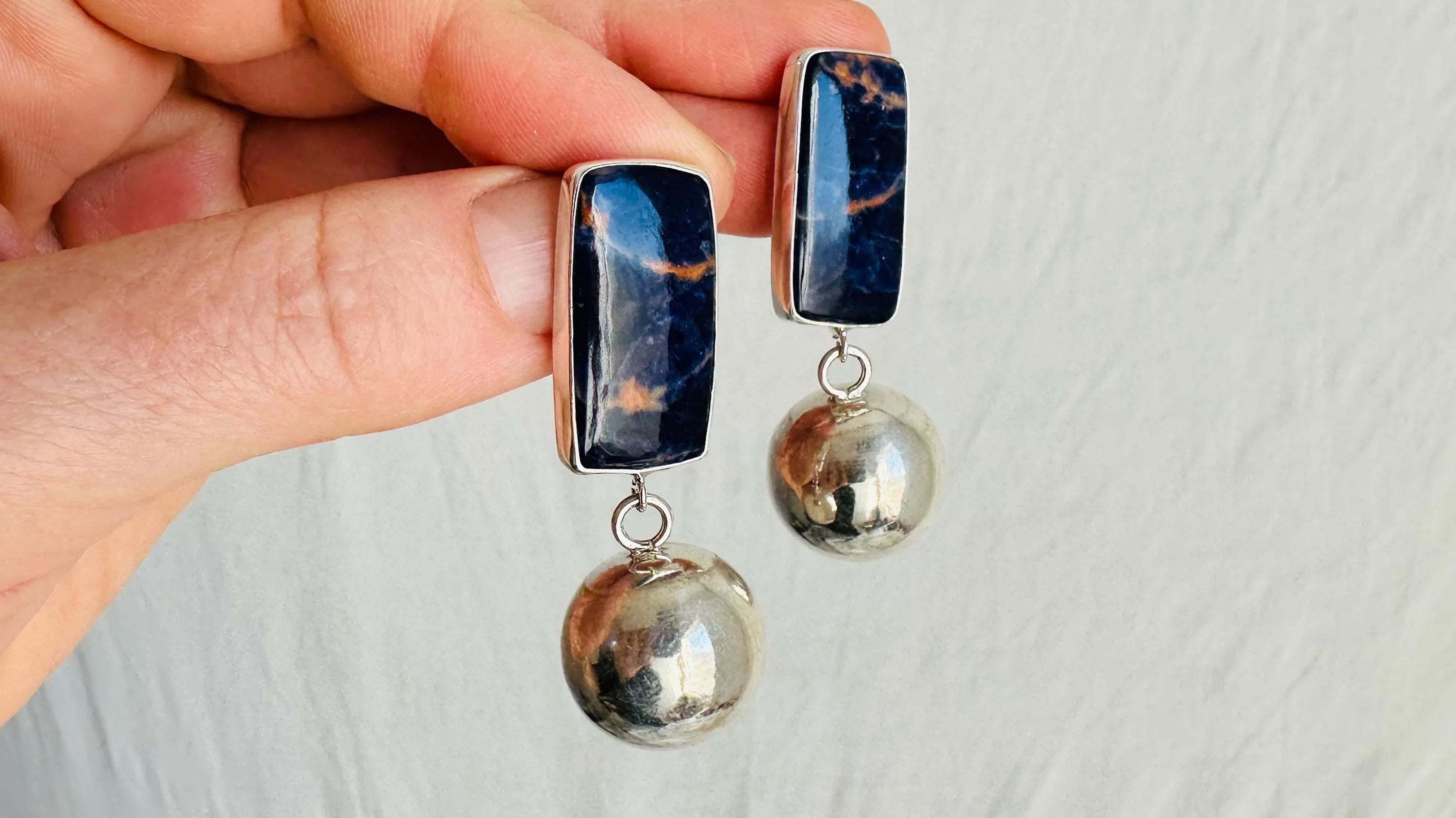 Sodalite and Silver Sphere Earrings. Handmade Designer Sterling Jewelry. 2709